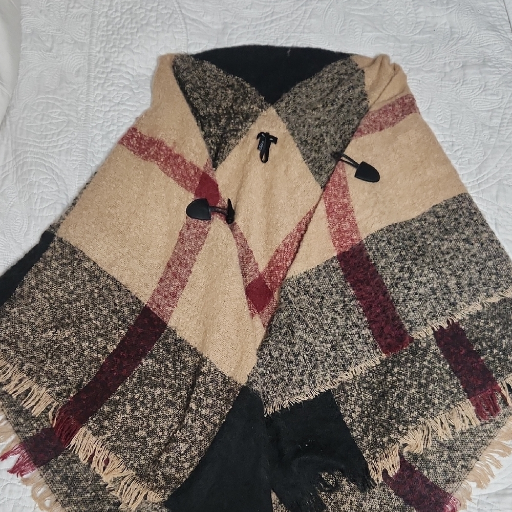 Plaid Wool Blend Scarf with Toggle Accents